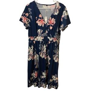 Ultranice Womens Navy Dress Sz XL Floral VNeck Pockets Business Casual Gift Flaw